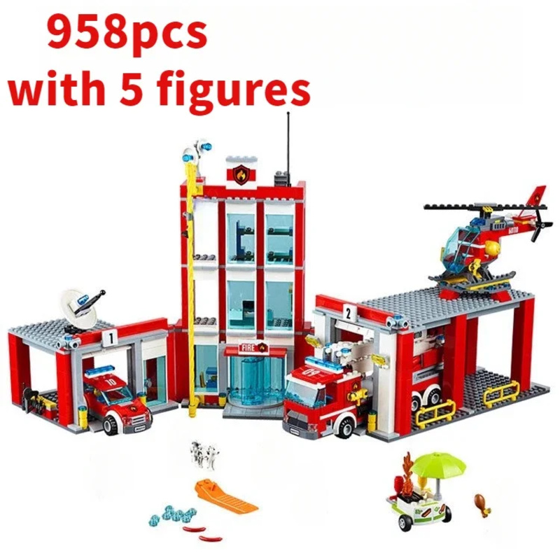 Model Kit Lego - Stad Brandweerkazerne Helikopter Vrachtwagen Garage Brandweerhuis